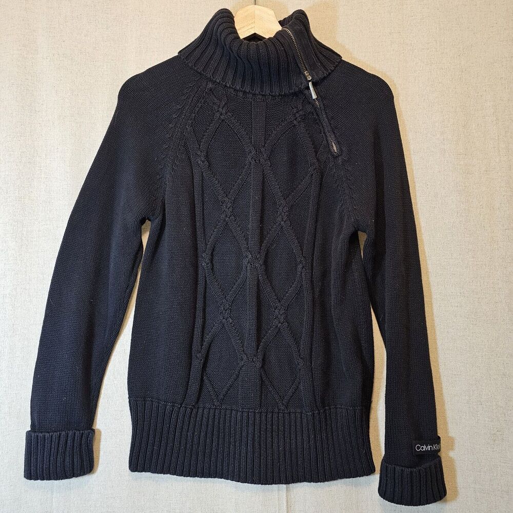 Calvin Klein Jeans Women's Turtleneck Sweater Black Asymmetric Zipper Medium
